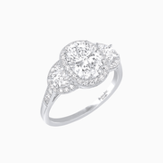 Vintage Inspired Oval Cut Three-Stone Halo Ring - Shahin Jewelry